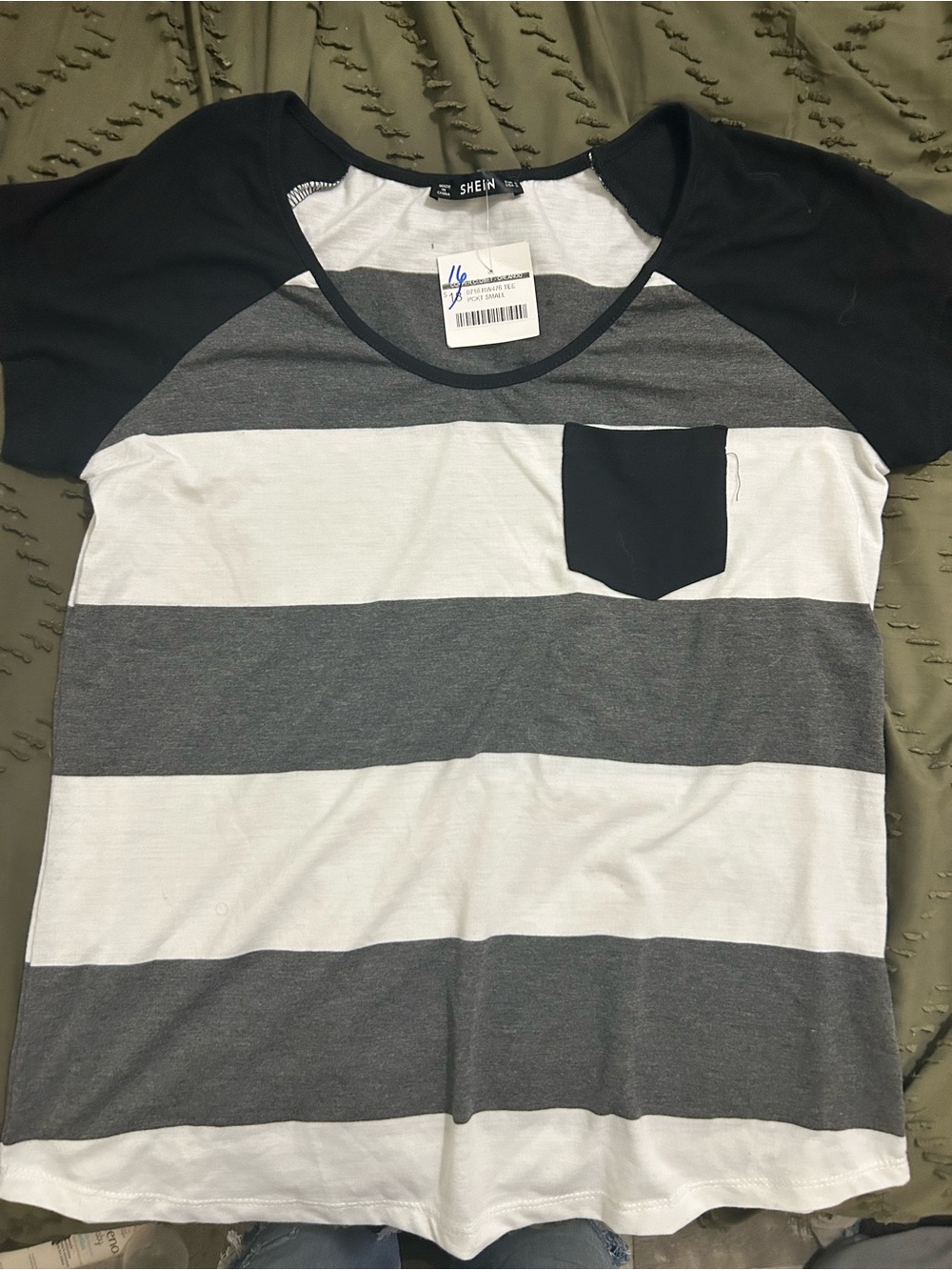 SHEIN Grey & White Striped Raglan Pocket T-Shirt